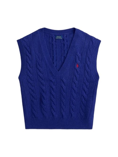 Gilet da donna in lana misto cashmere lavorato a trecce con scollo a V, colore cobalto POLO RALPH LAUREN | 211949994003